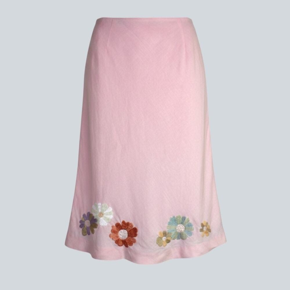 100% Irish Linen Midi Skirt Floral Applique Vintage A-Line in Pink Womens Size 6